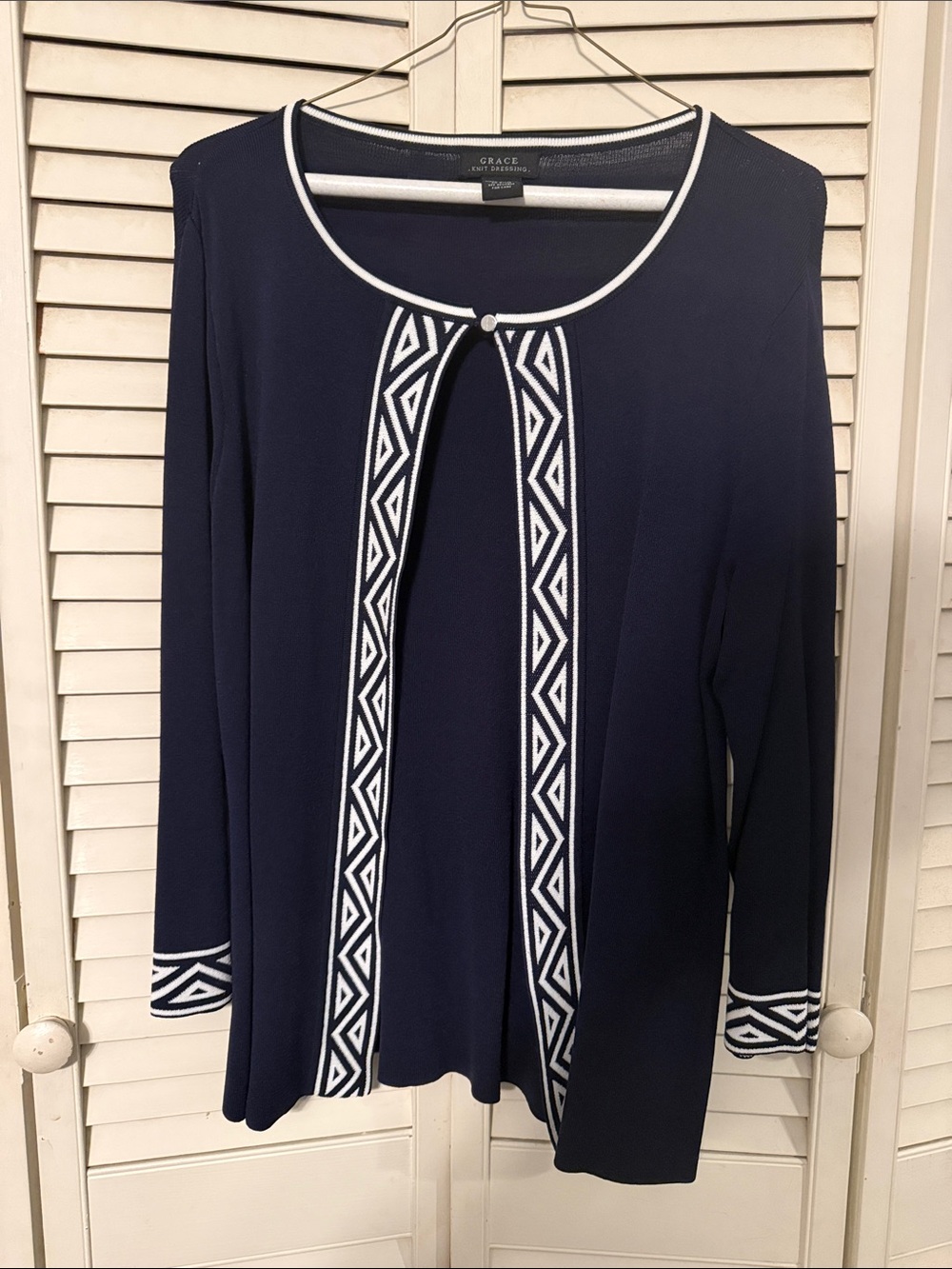 Grace Navy Open-Front Long Sleeve Cardigan with White Geometric Trim